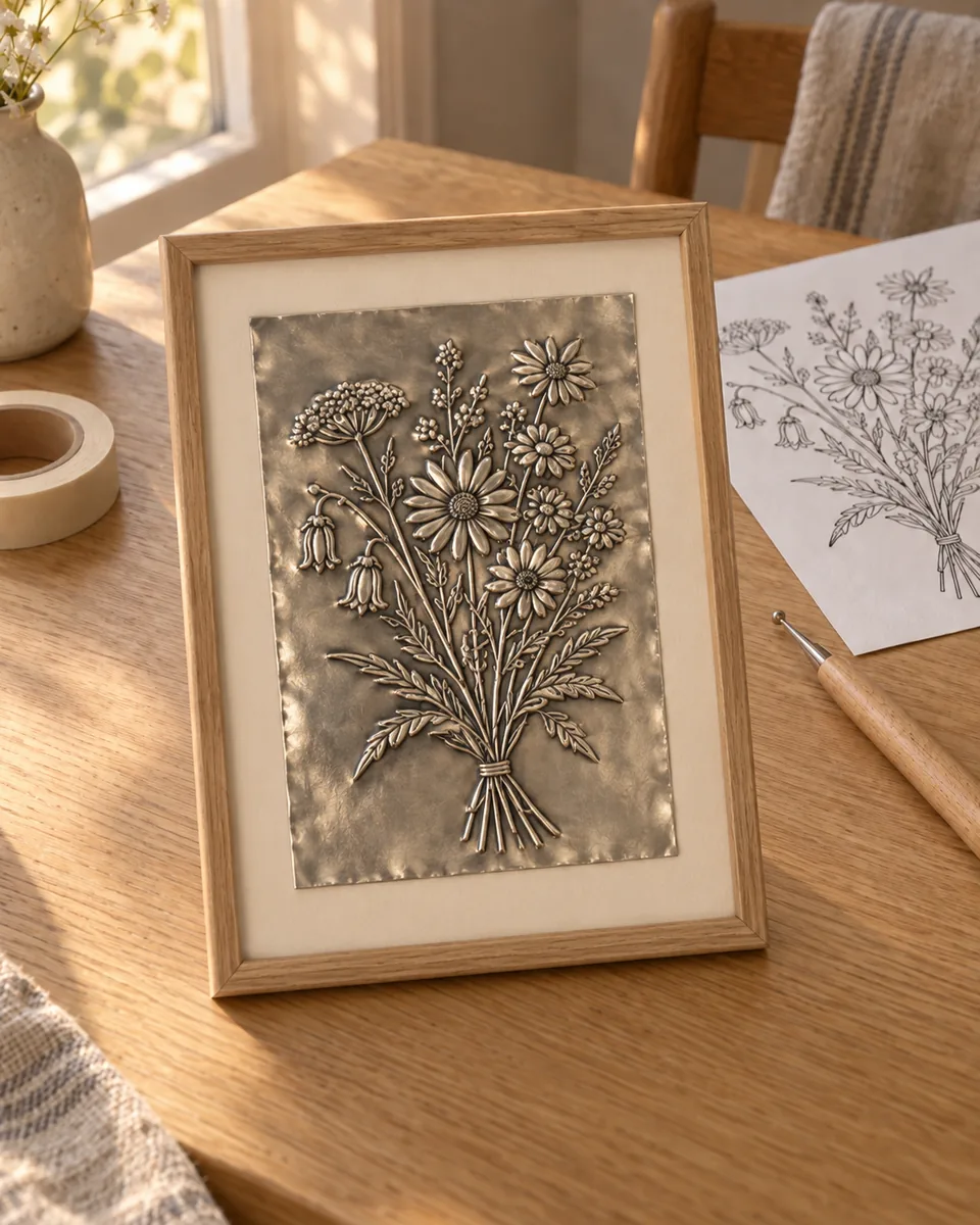 The finished framed metal relief piece