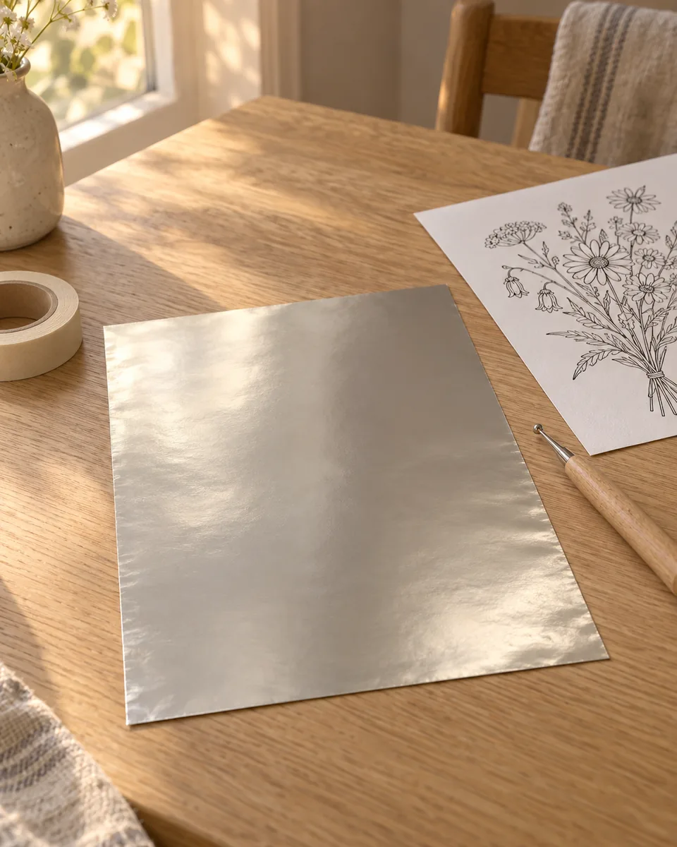 A flat sheet of craft metal on a table