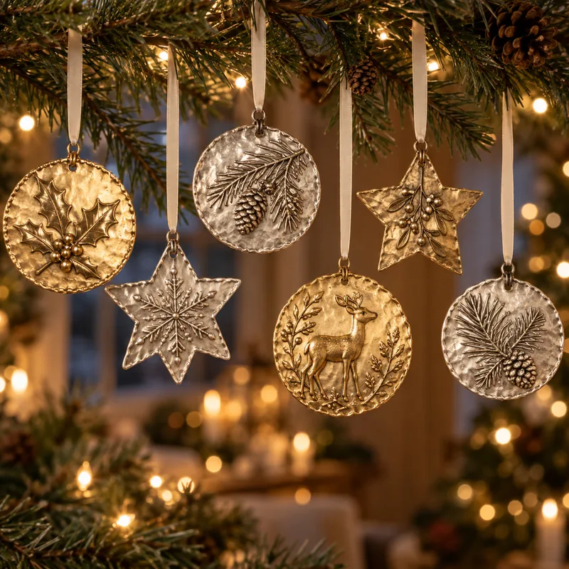 Handmade metal ornaments hanging on a Christmas tree
