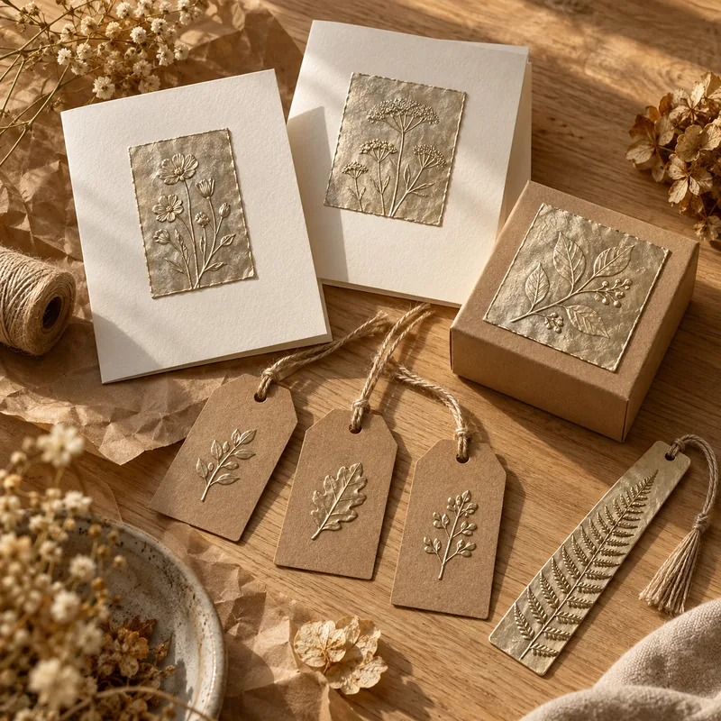 Cards, gift tags and a box with embossed metal panels