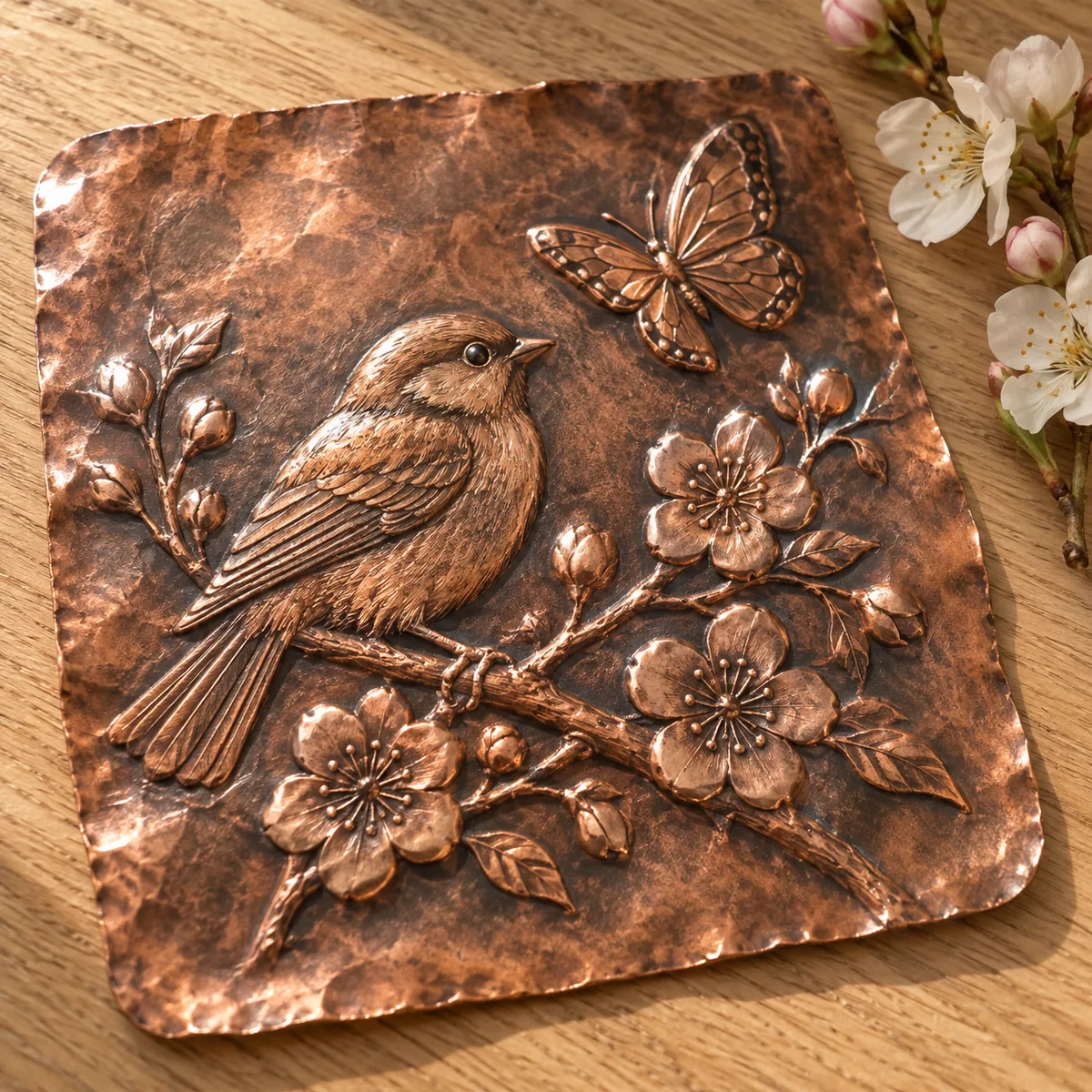 Bird and butterfly metal relief piece