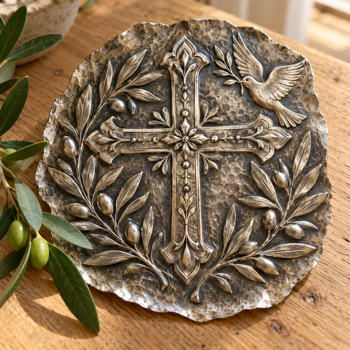 Cross and olive branches metal relief piece