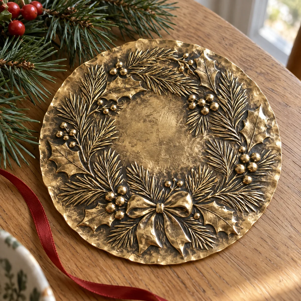Holiday wreath metal relief piece