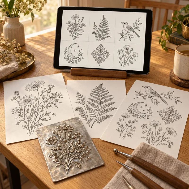 The pattern library shown on a tablet with printed sheets