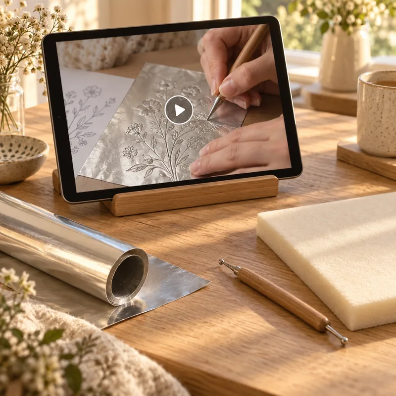 A video lesson playing on a tablet beside the supplies