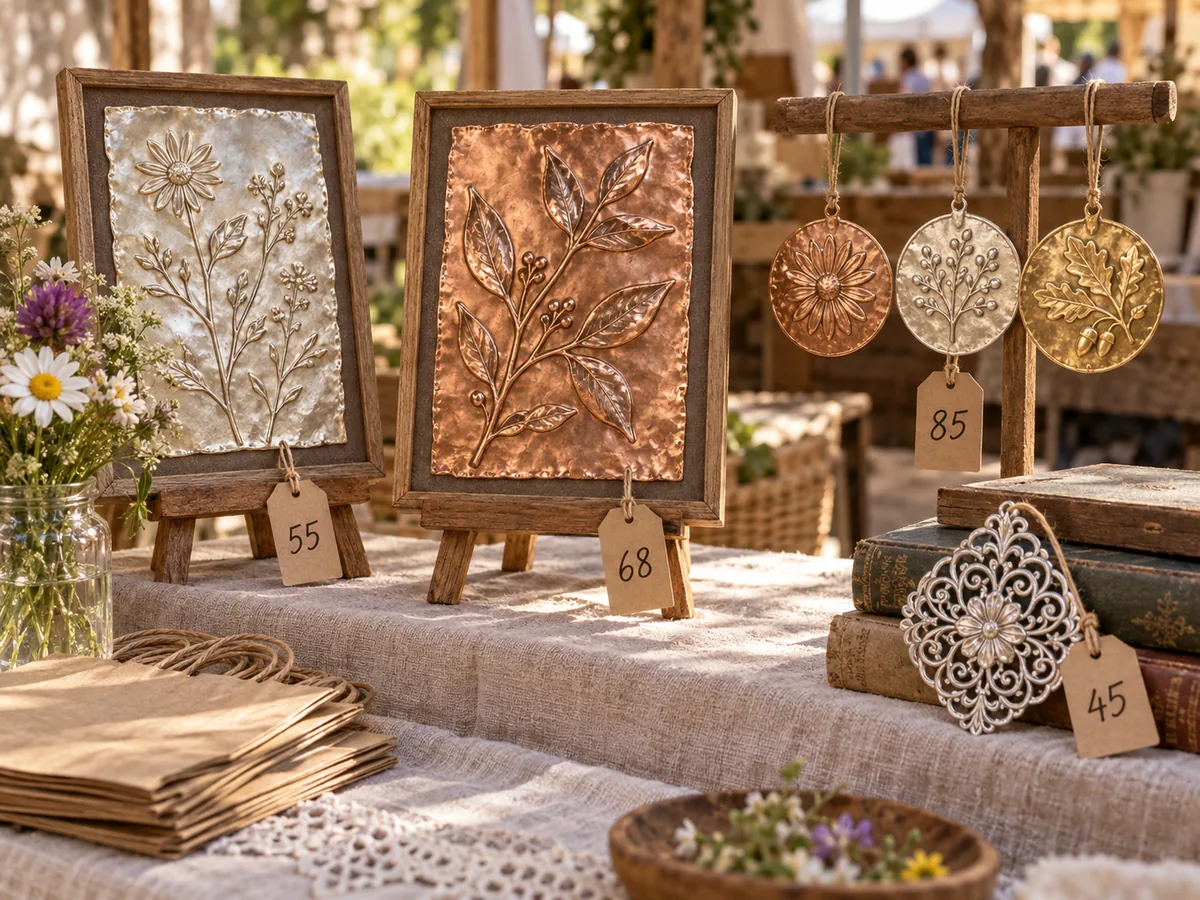 Handmade metal relief pieces for sale at a craft fair stall