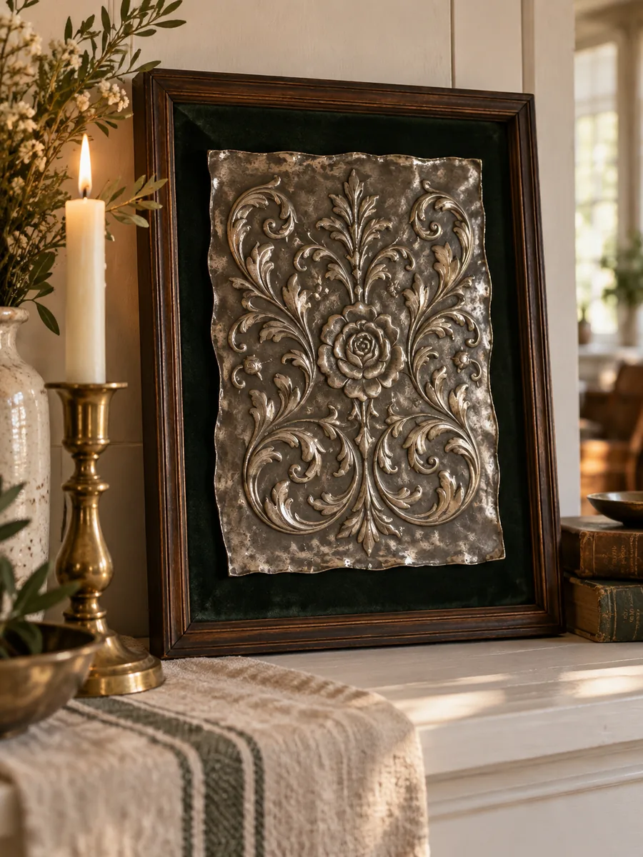 Framed classic filigree metal relief piece
