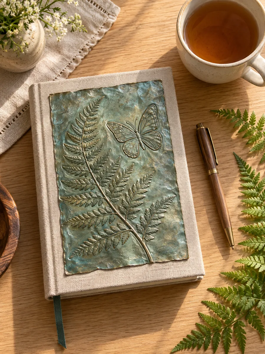 Journal cover with embossed fern and butterfly