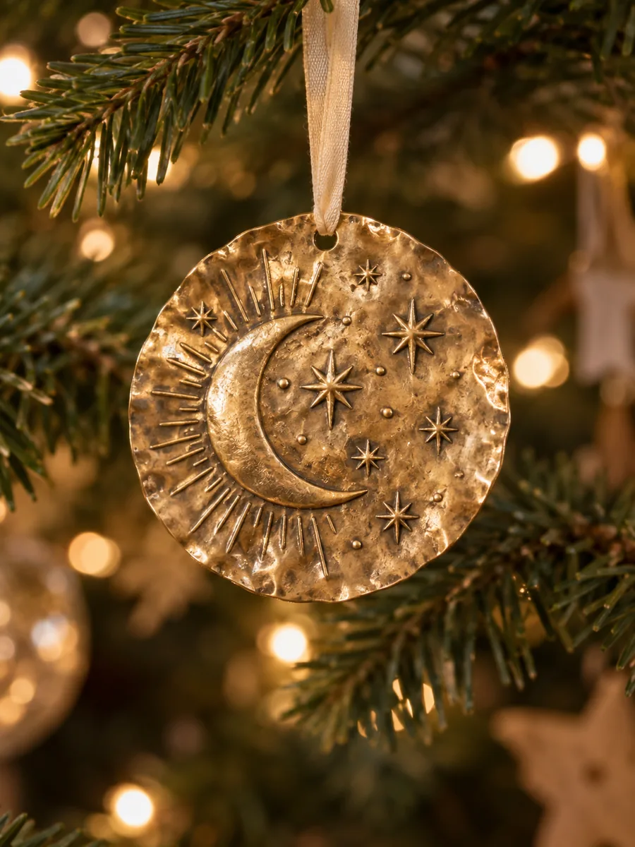 Embossed crescent moon ornament on a tree