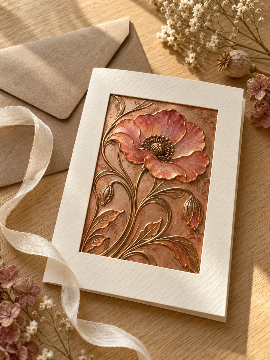 Greeting card with embossed poppy panel